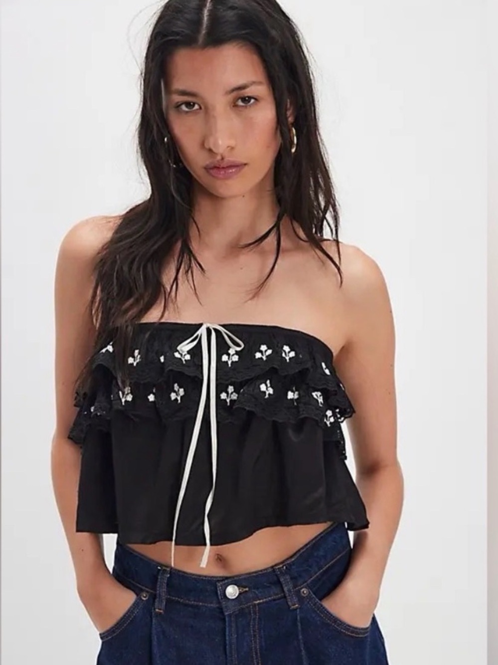 Free People Black Strapless Ruffle Crop Top with White Tie